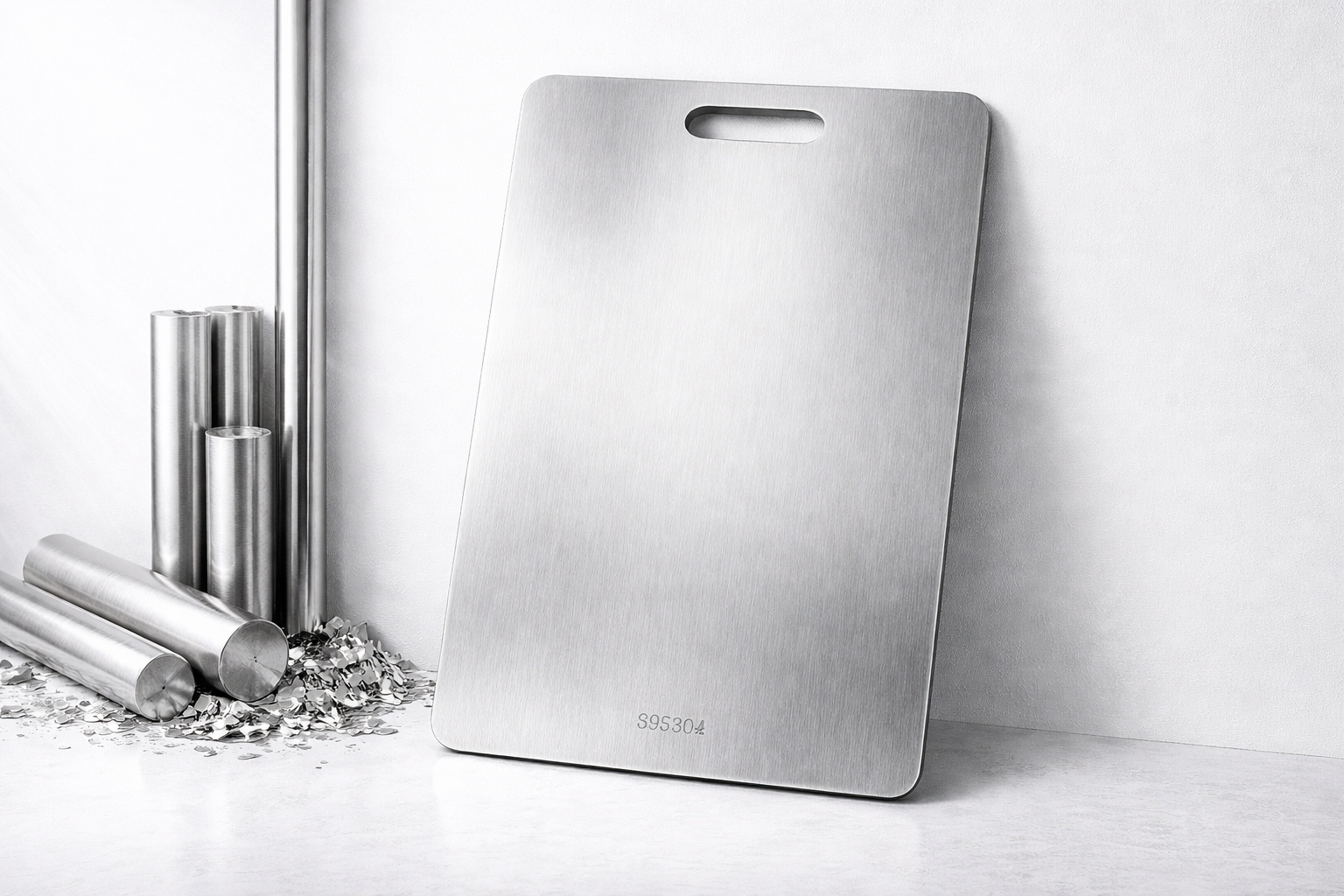 Stainless steel cutting board with 'OXO' branding on a white surface.