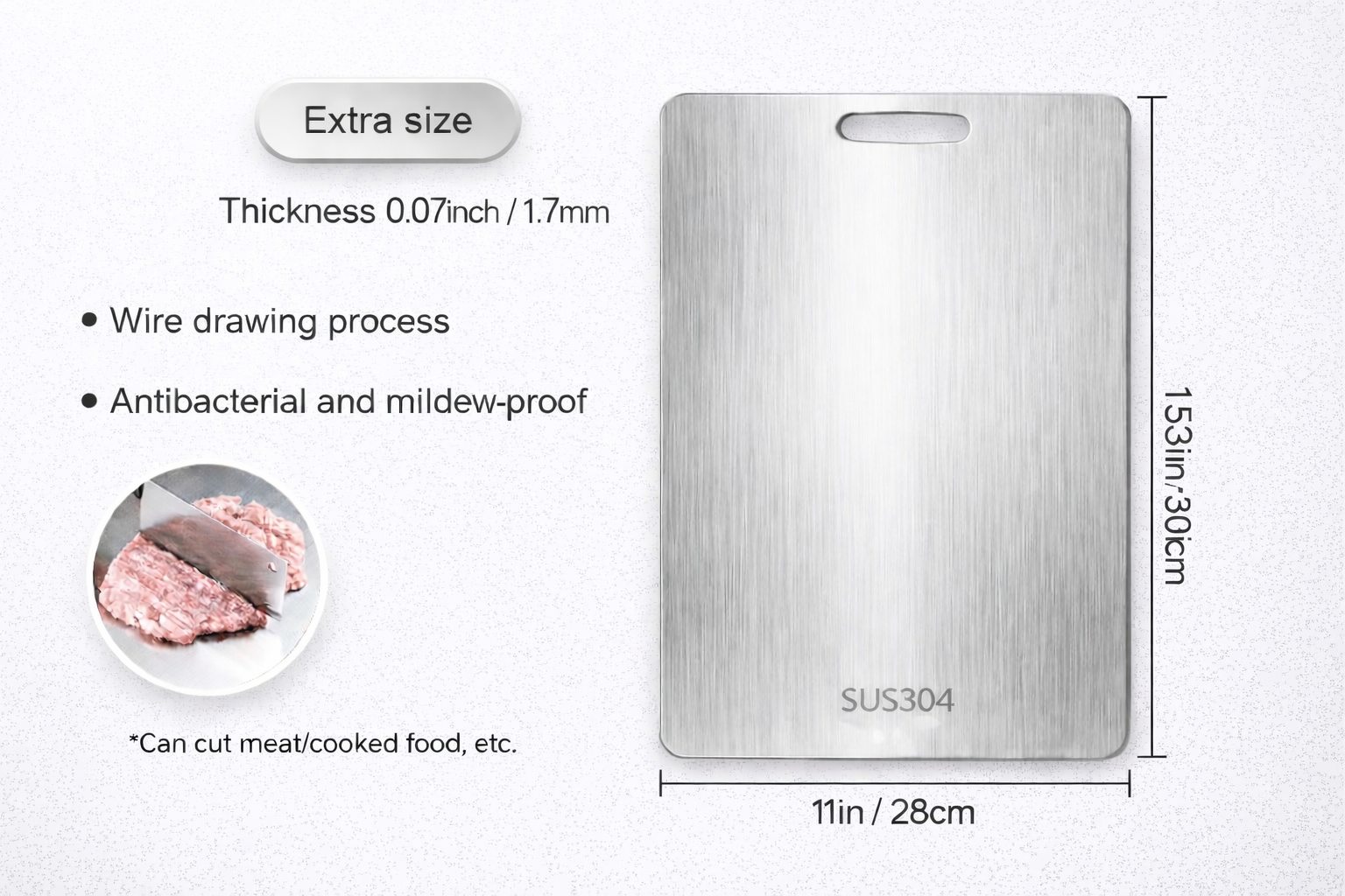 Stainless steel cutting board with dimensions and features on a white background