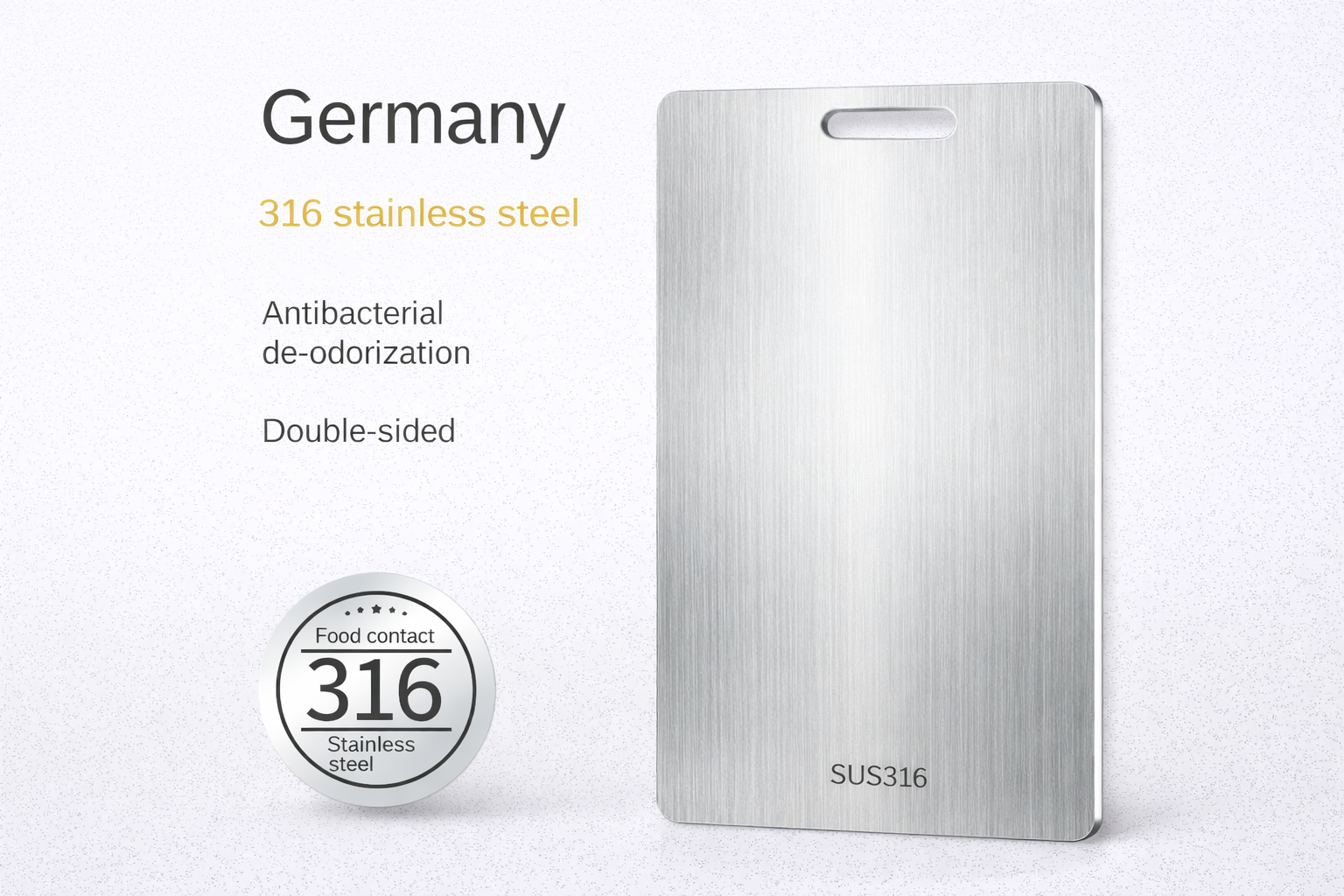 Metallic cutting board with SUS316 stainless steel properties on a white background