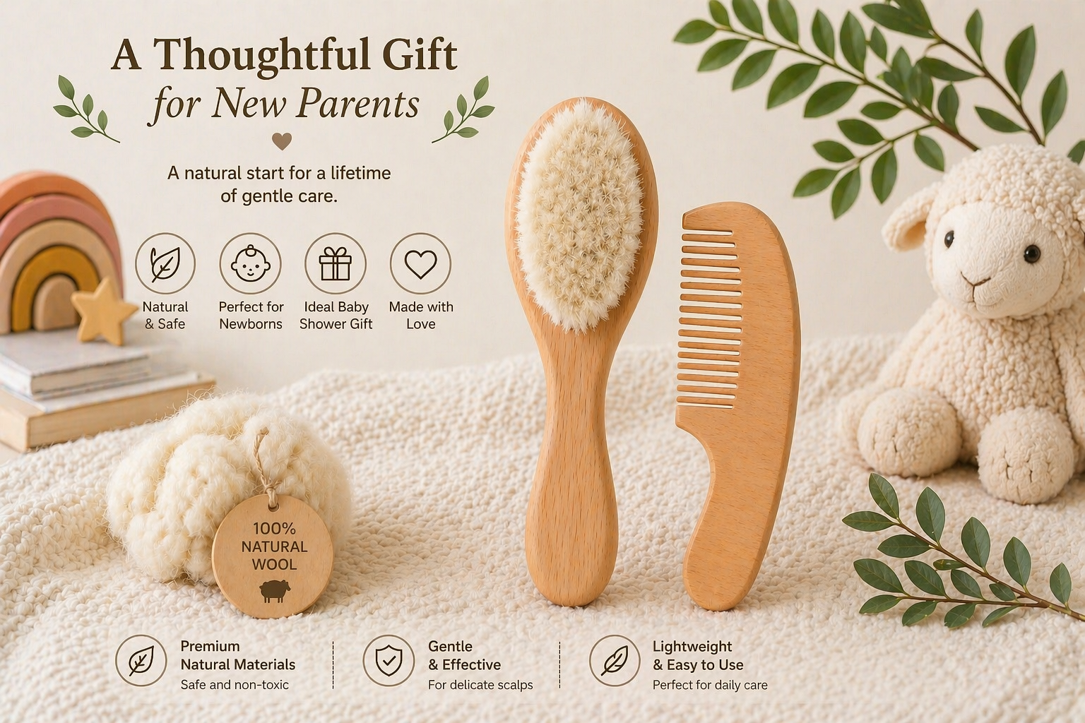 Baby Hair Brush & Wooden Comb Set (2 Pack)
