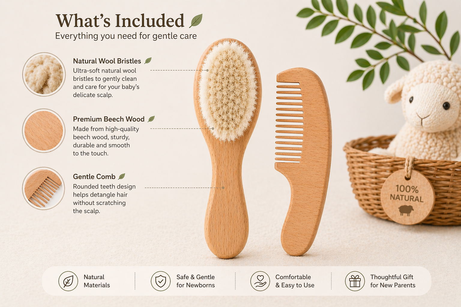 Baby Hair Brush & Wooden Comb Set (2 Pack)