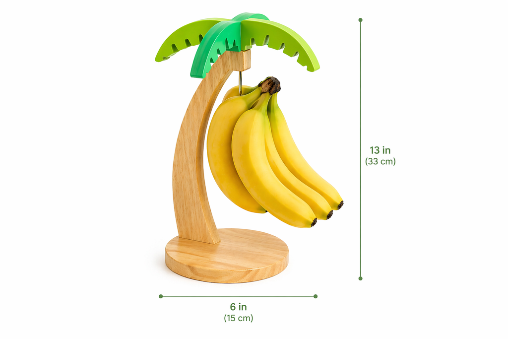 Banana holder shaped like a palm tree with bananas on a white background