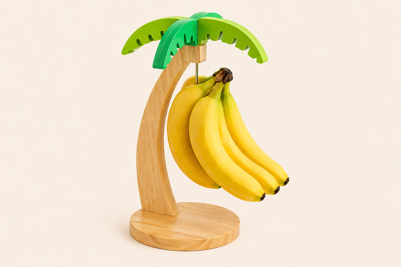 Wooden banana holder shaped like a palm tree with bananas on a beige background