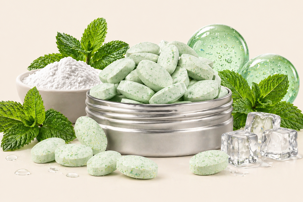 Green mint candies in a metal bowl with mint leaves and ice cubes on a light background