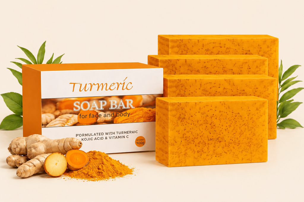 Turmeric soap bars with packaging and turmeric roots on a light background