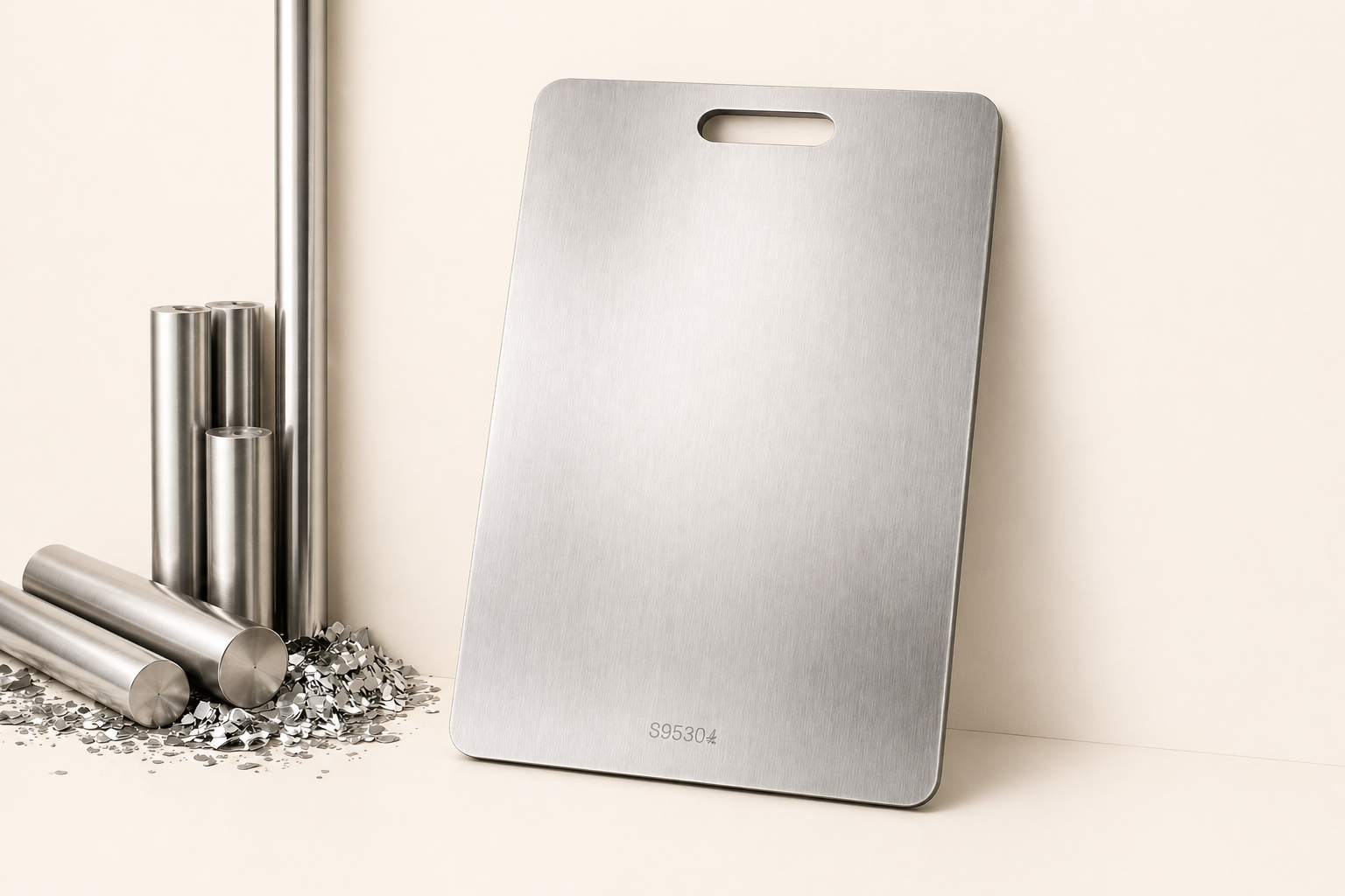 Metallic cutting board with cylindrical metal objects on a light background