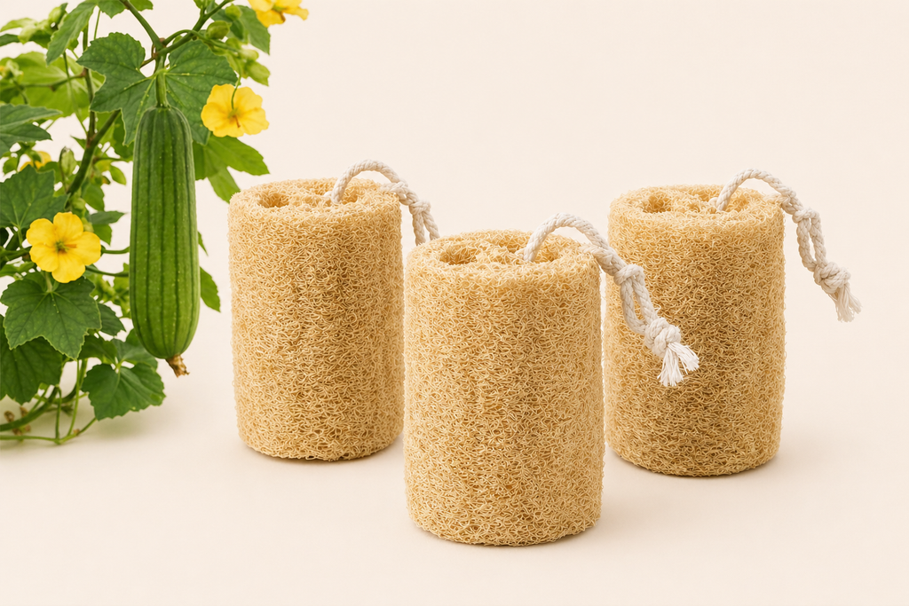 Three natural loofah sponges with rope handles on a light background with greenery.
