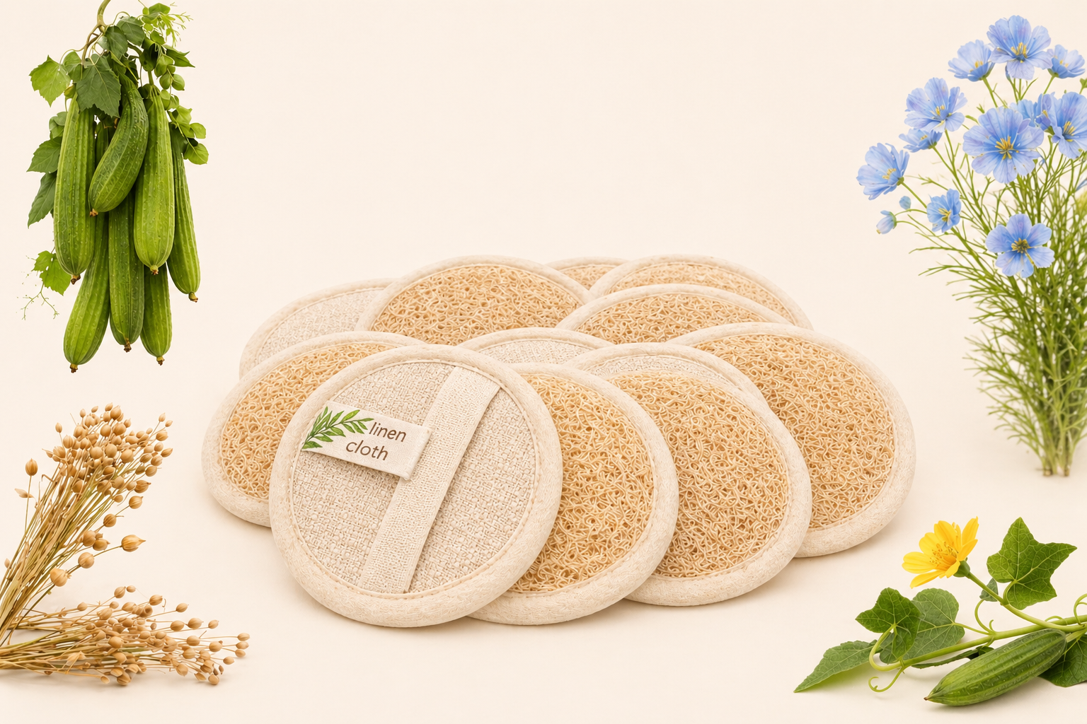 Set of natural sponges with a brand label on a light background with greenery.