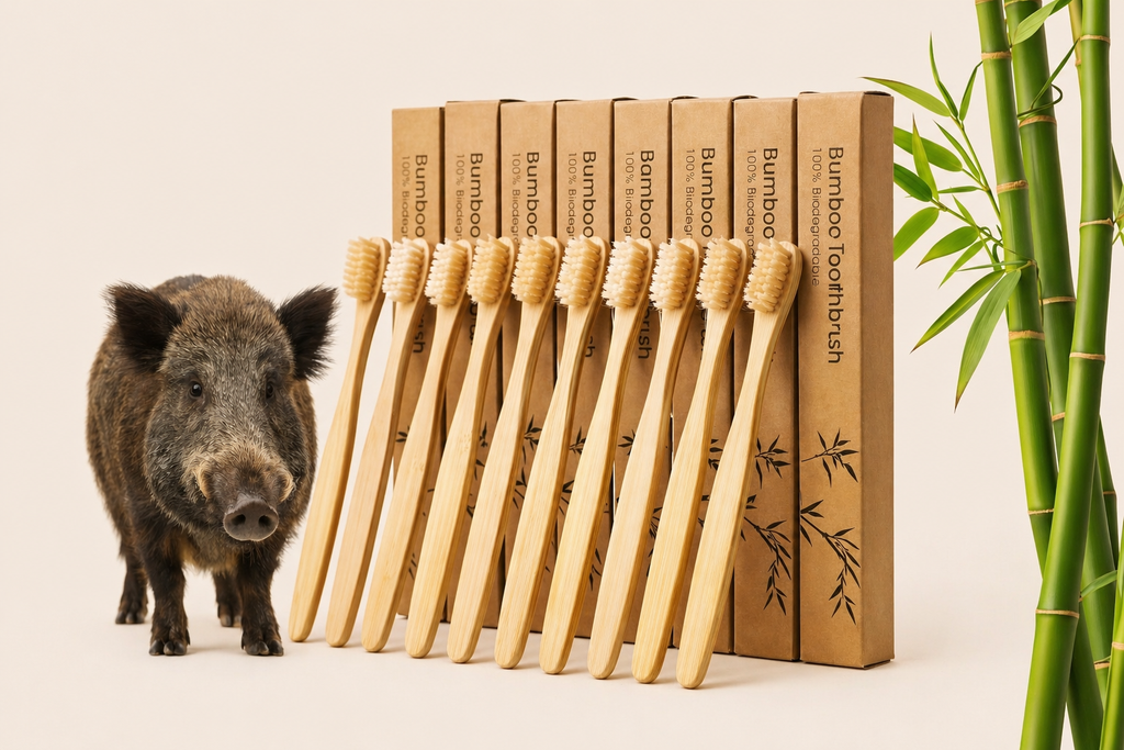 Bamboo toothbrushes with packaging and a piglet on a beige background