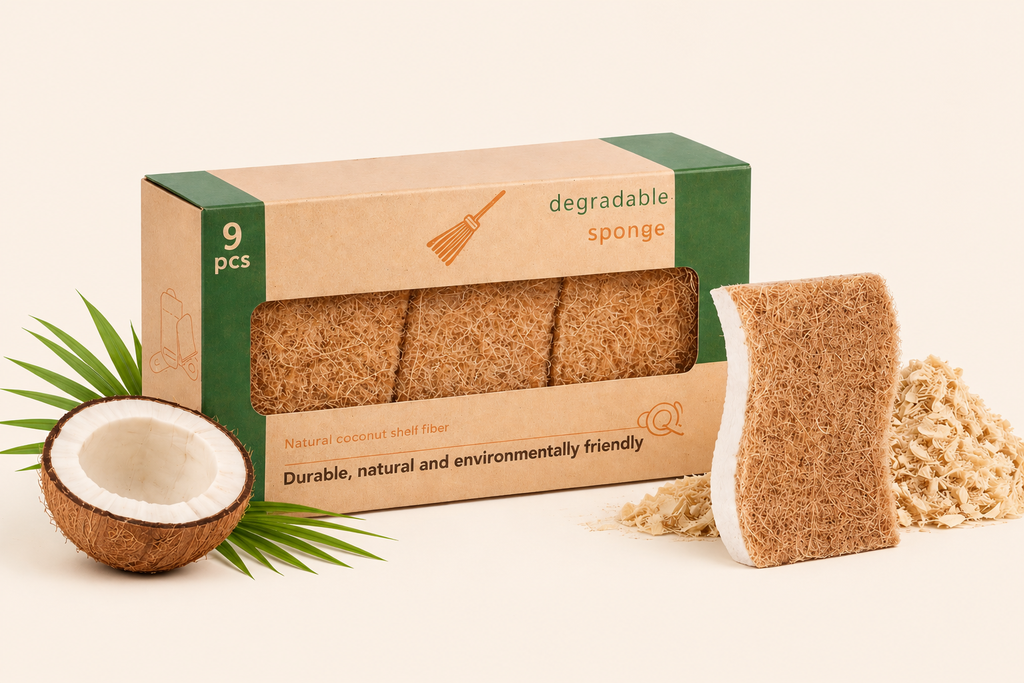 Box of degradable sponges with a single sponge and coconut on a light background
