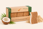 Box of degradable sponges with a single sponge and coconut on a light background