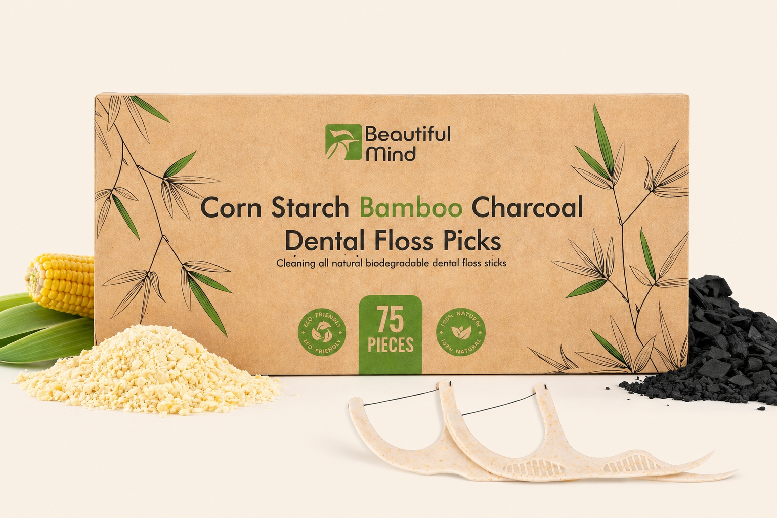 Box of Beautiful Mind corn starch bamboo charcoal dental floss picks with floss and ingredients on a beige background