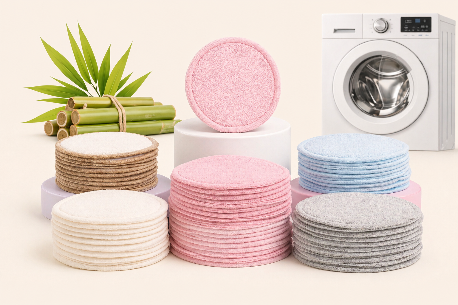 Stacks of reusable pads in various colors with a washing machine in the background.