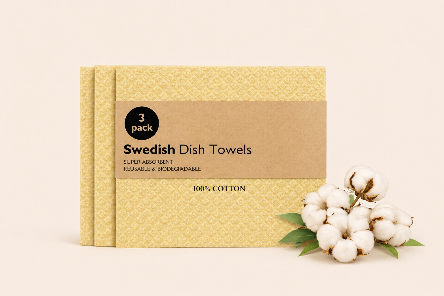 Kraft paper packaging of Swedish dish towels with cotton fibers on a beige background