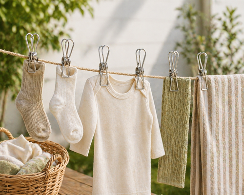 Children's clothing hanging on a clothesline with a basket of laundry.