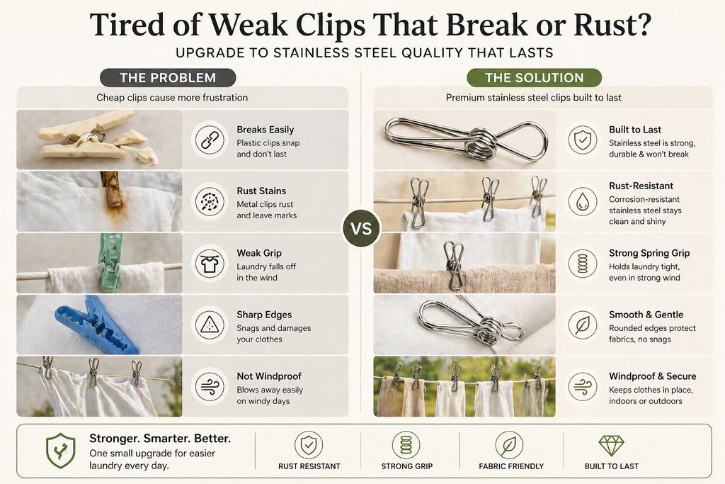 Comparison chart between cheap clips and stainless steel clips with images and text highlighting benefits.