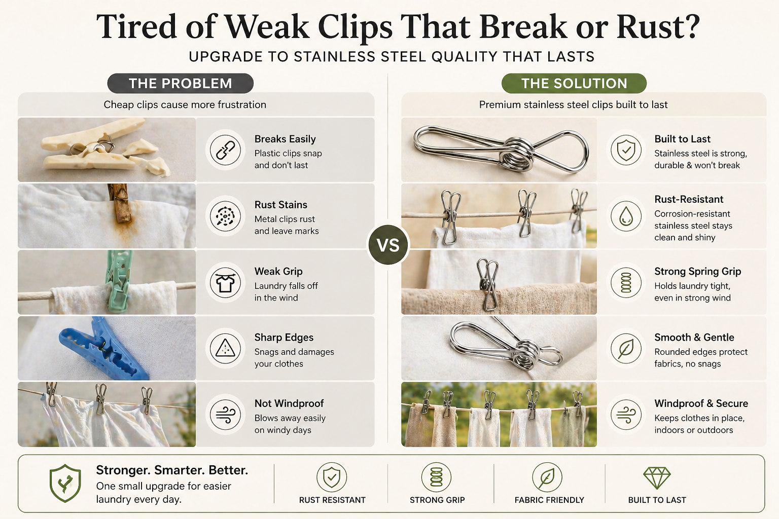 Comparison chart between cheap clips and stainless steel clips with images and text highlighting benefits.