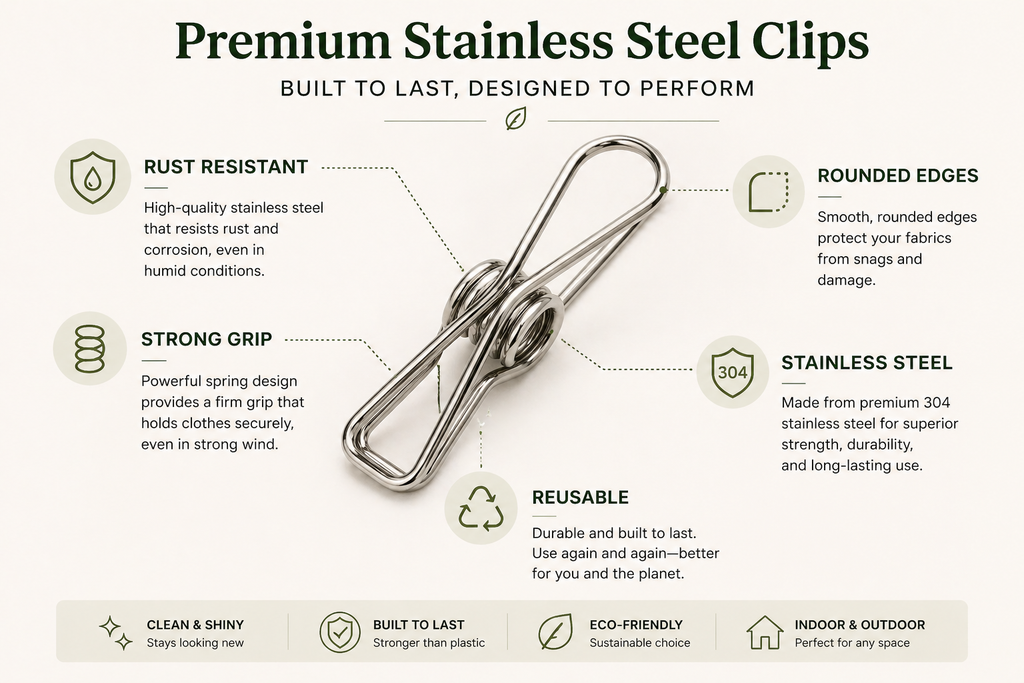 Stainless steel clip with features listed on a white background