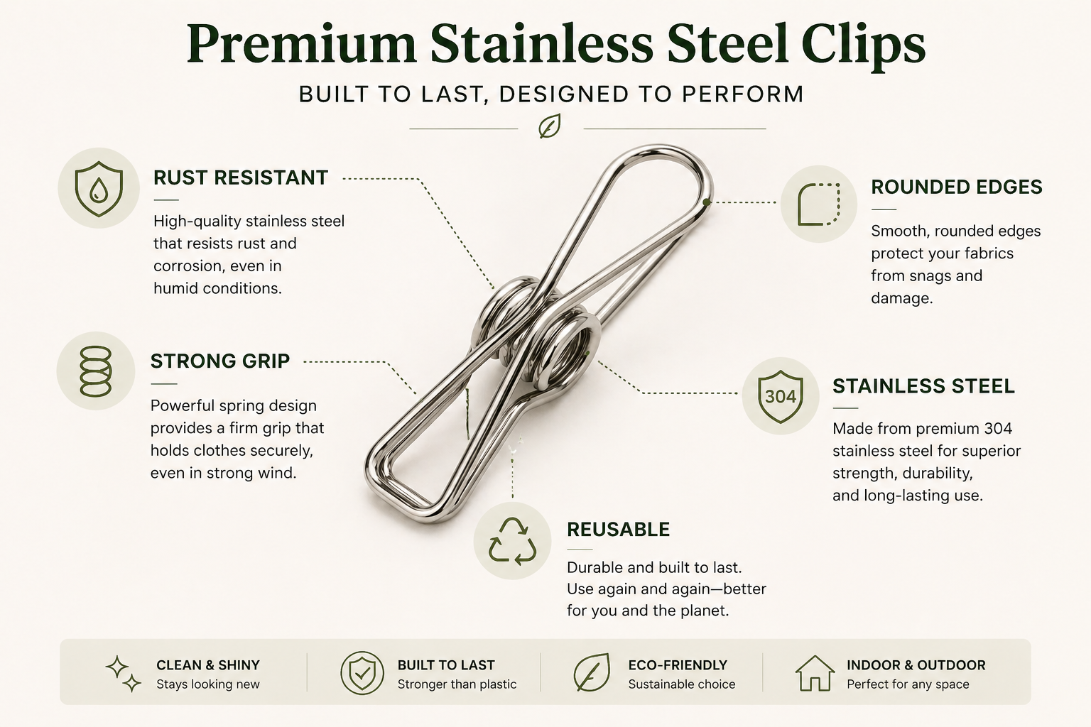 Stainless steel clip with features listed on a white background