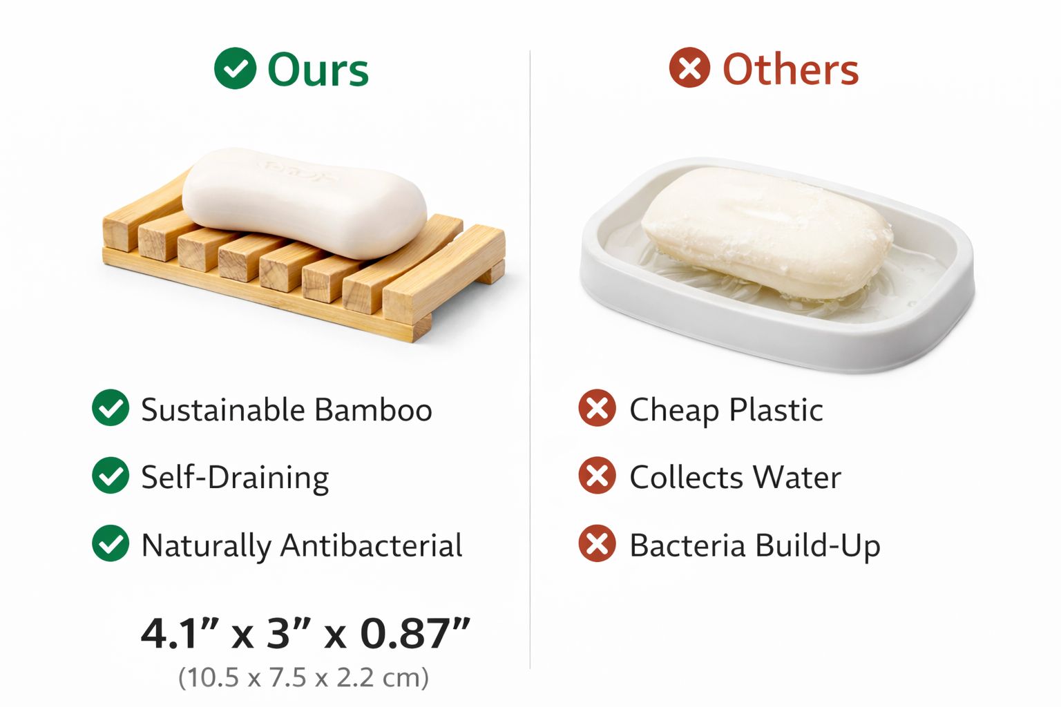 Comparison of sustainable bamboo soap dish with other soap dishes on a white background.