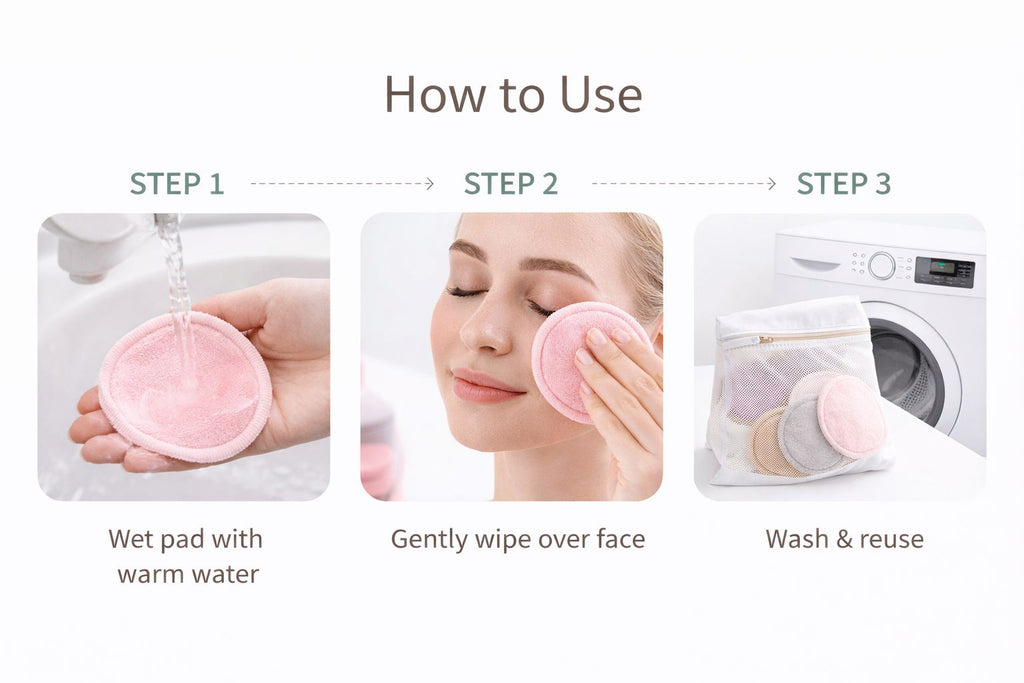 Instructions on how to use a pink reusable makeup pad with images and text.