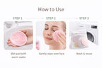 Instructions on how to use a pink reusable makeup pad with images and text.